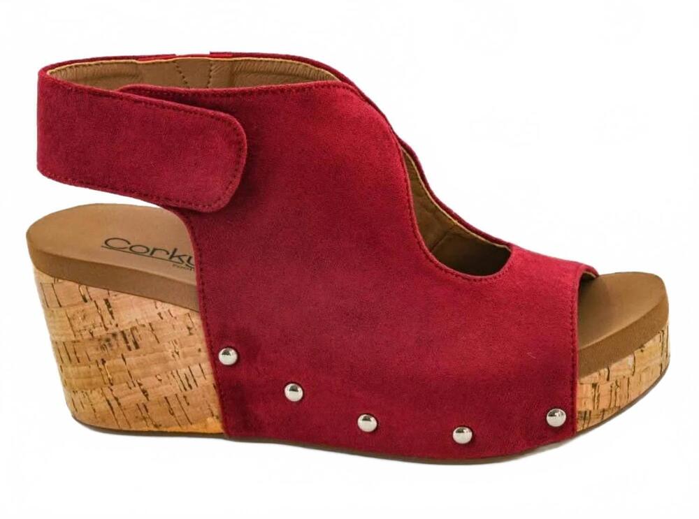 NEW CORKYS FOOTWEAR women's the frisky wedge sandals in deep red